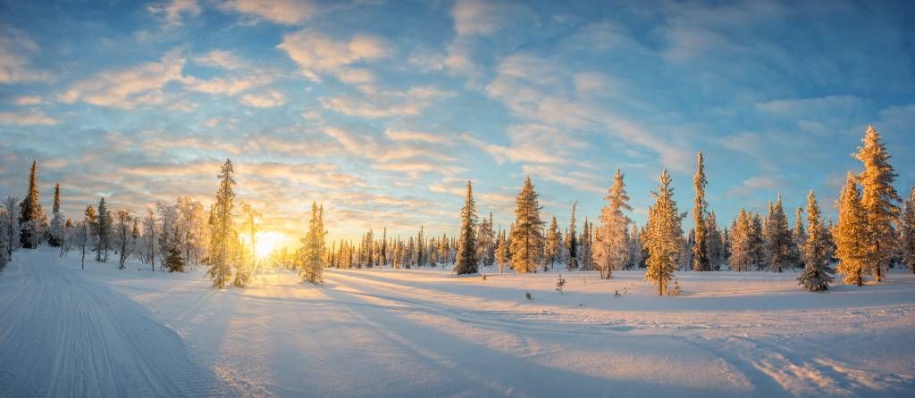 Sneeuwlandschap bij zonsondergang