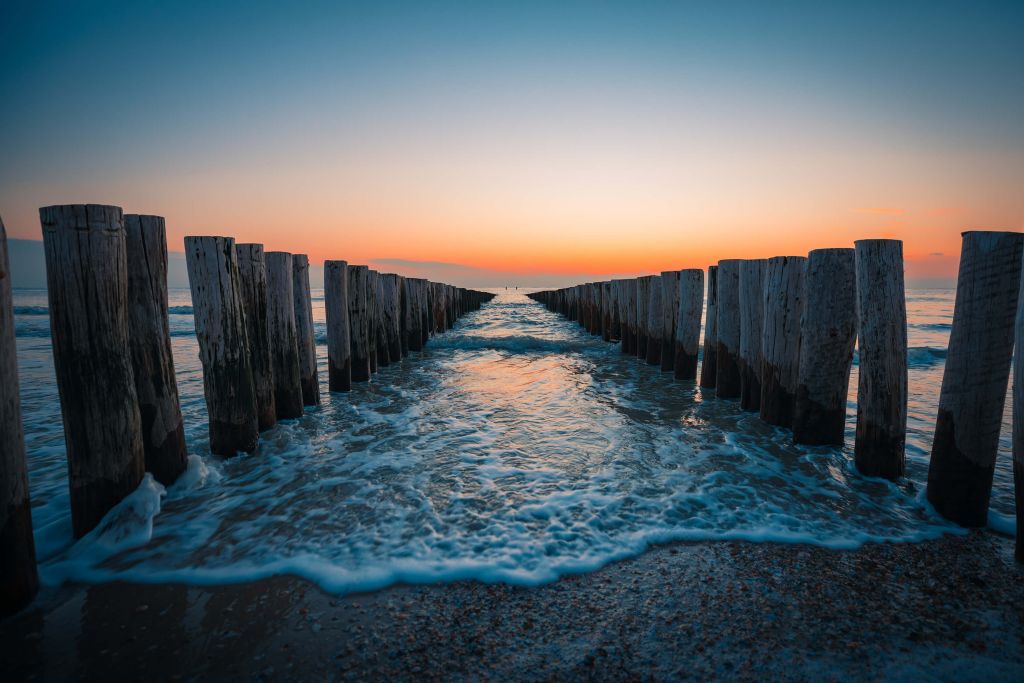 Paalhoofden bij zonsondergang