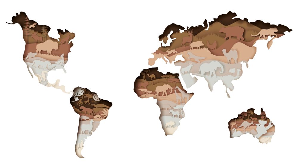 Dieren wereldkaart aarde tinten