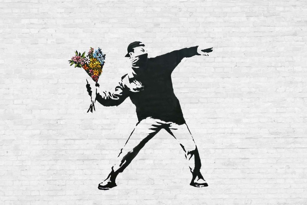 Banksy - Flower thrower, white bricks